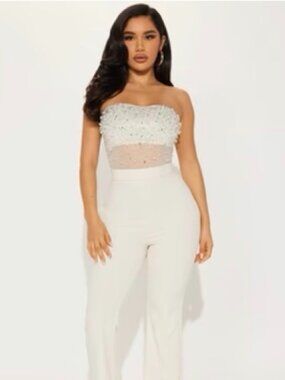 Fashion Nova: Dream Girl Embellished Jumpsuit-Cream